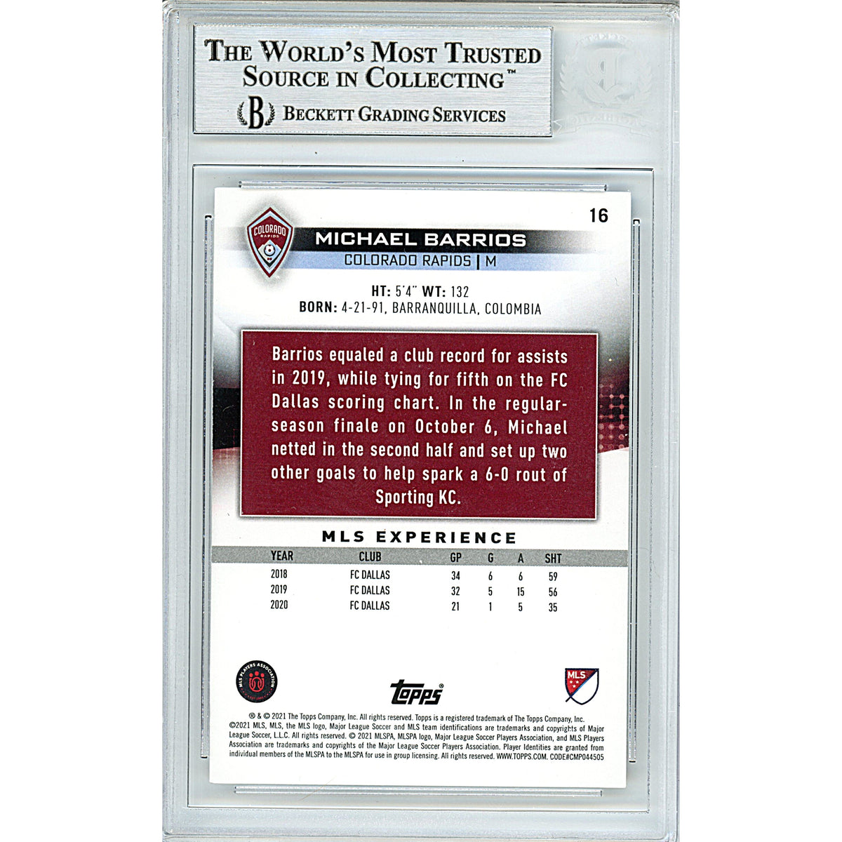 Michael Barrios Signed Colorado Rapids Trading Card Beckett BGS