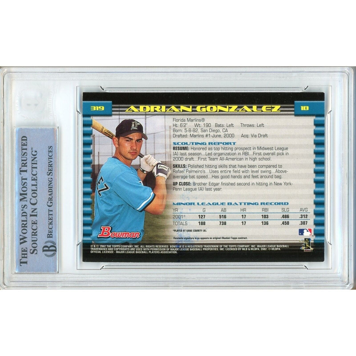 Adrian Gonzalez Miami Marlins Autographed Signed Trading Card Beckett BAS