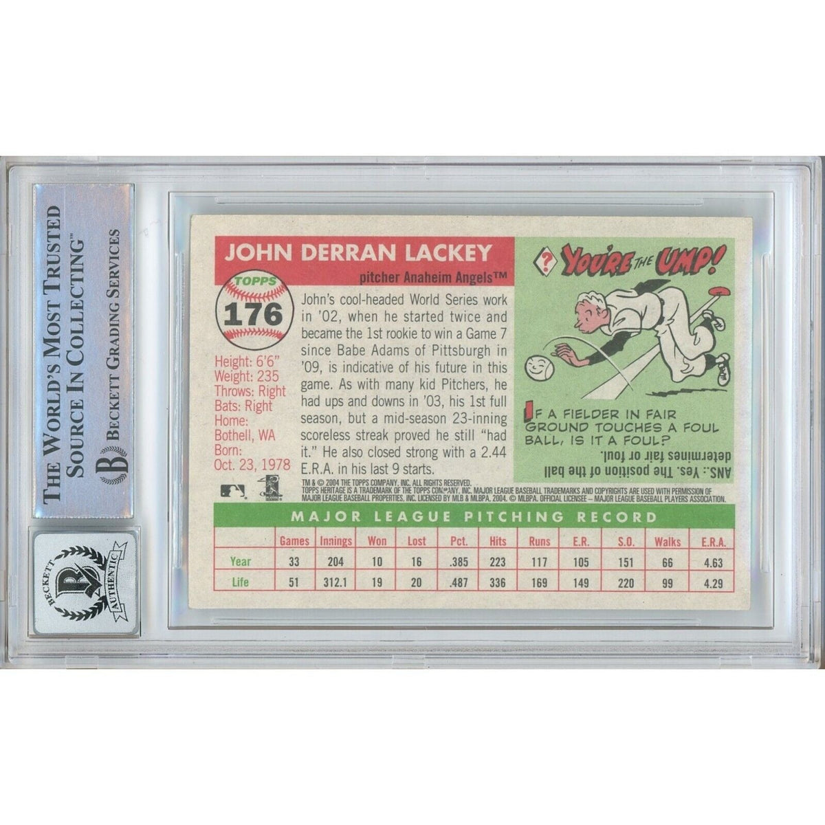John Lackey Autograph Trading Card Beckett BGS