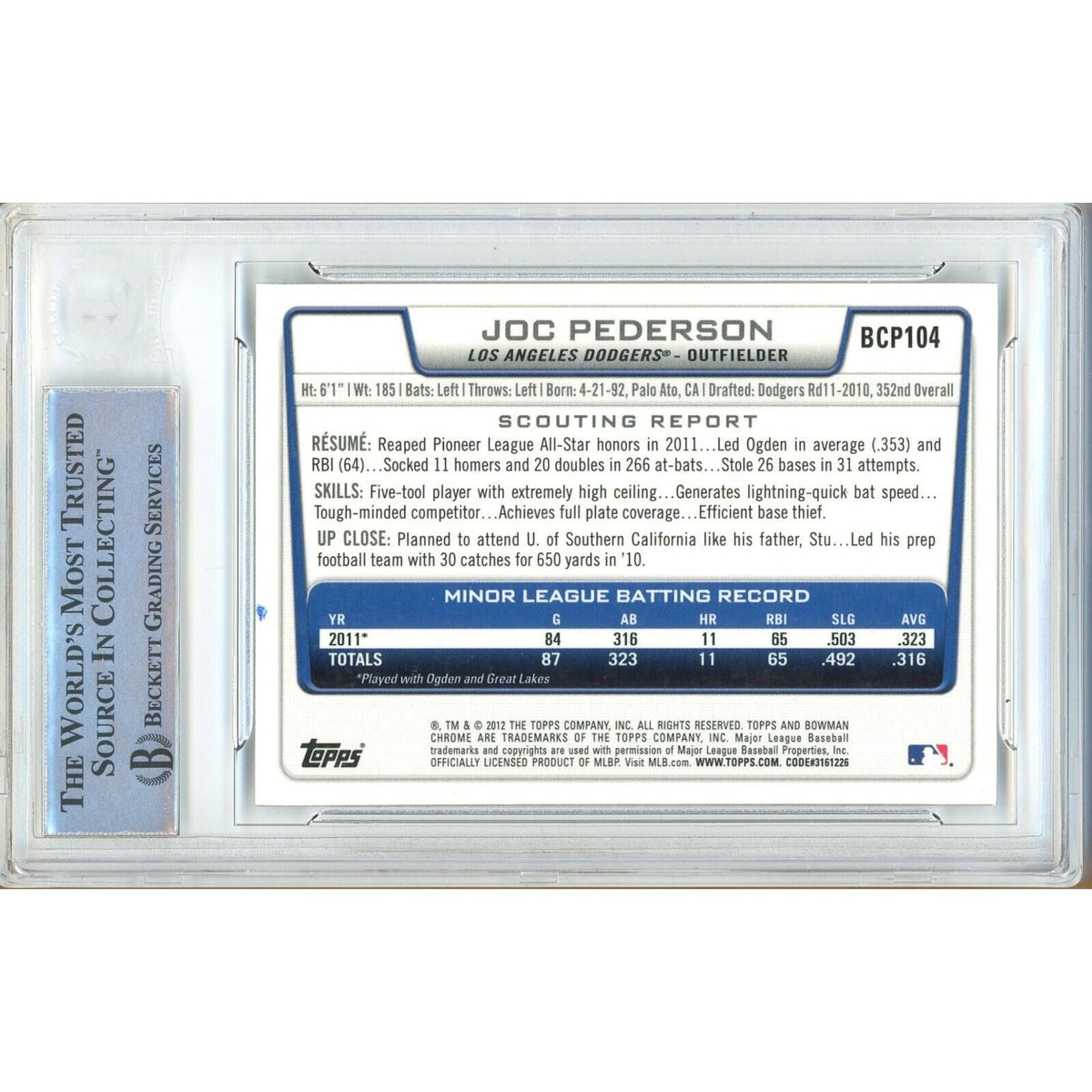 Joc Pederson Signed Trading Card Beckett BAS