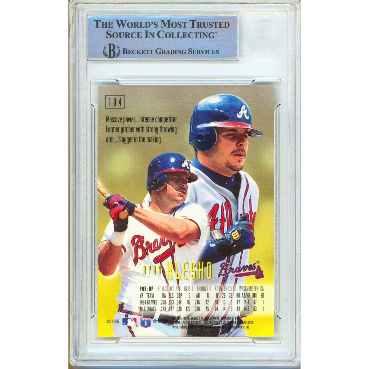 Ryan Klesko Atlanta Braves Signed Autograph Trading Card Beckett BAS