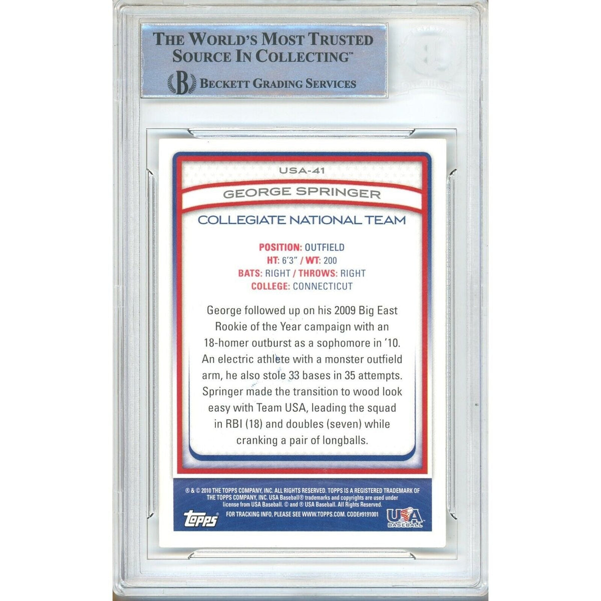 George Springer Houston Astros Autographed Signed Trading Card Beckett BAS