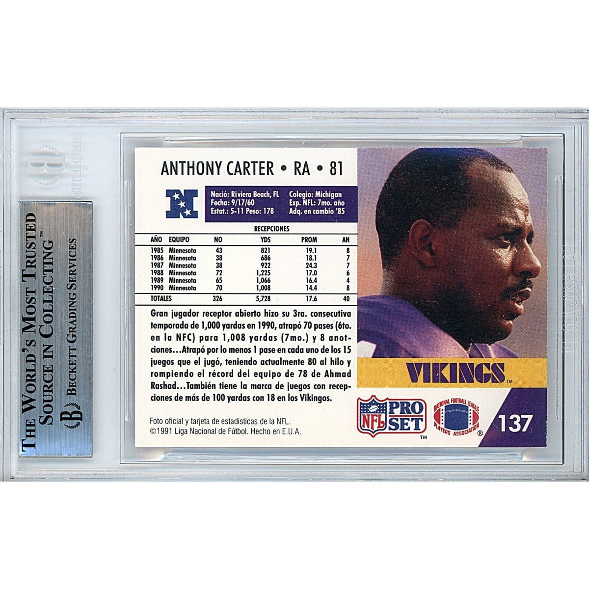 Anthony Carter Pro Set Signed Trading Card Beckett BAS