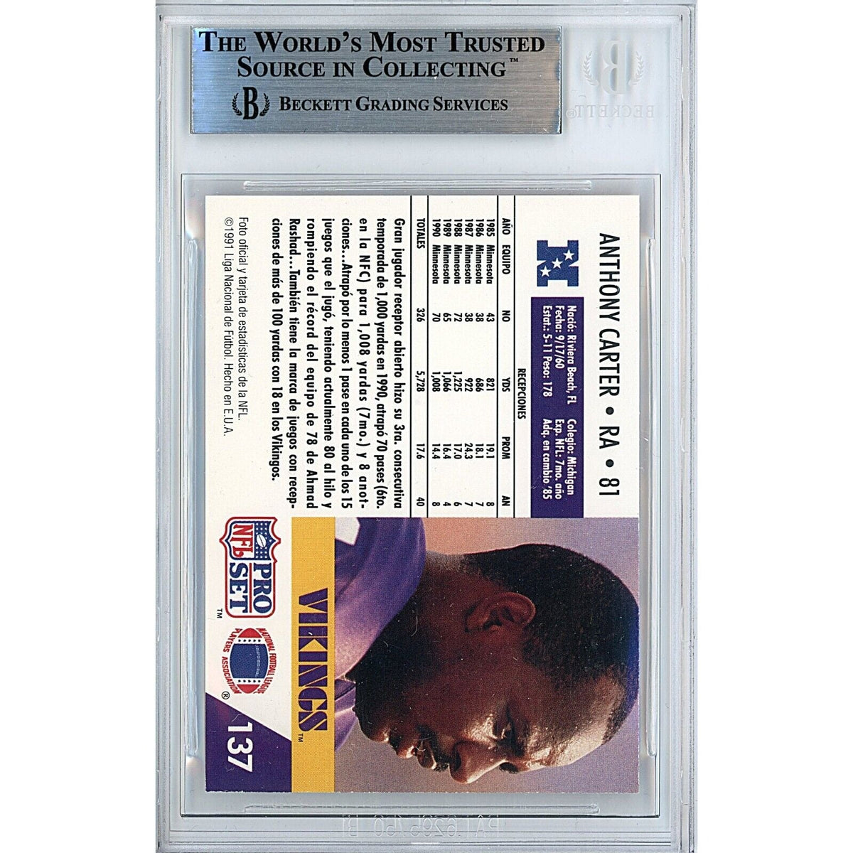 Anthony Carter Pro Set Autograph Trading Card Beckett BAS