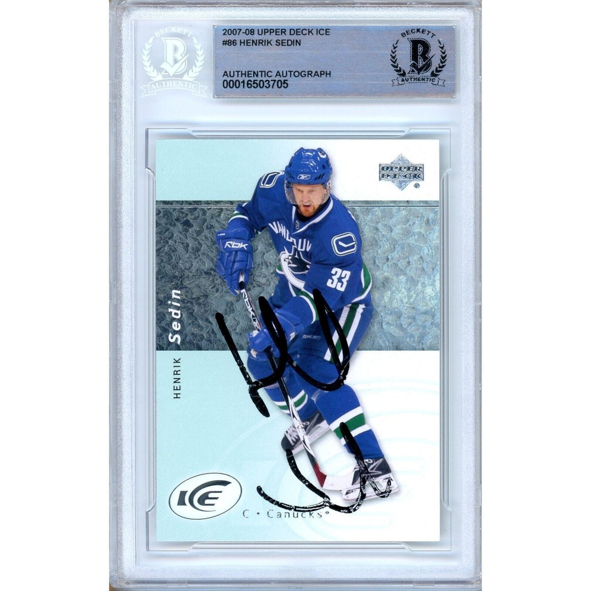 Henrik Sedin Upper Deck Ice Autographed Trading Card Beckett BAS