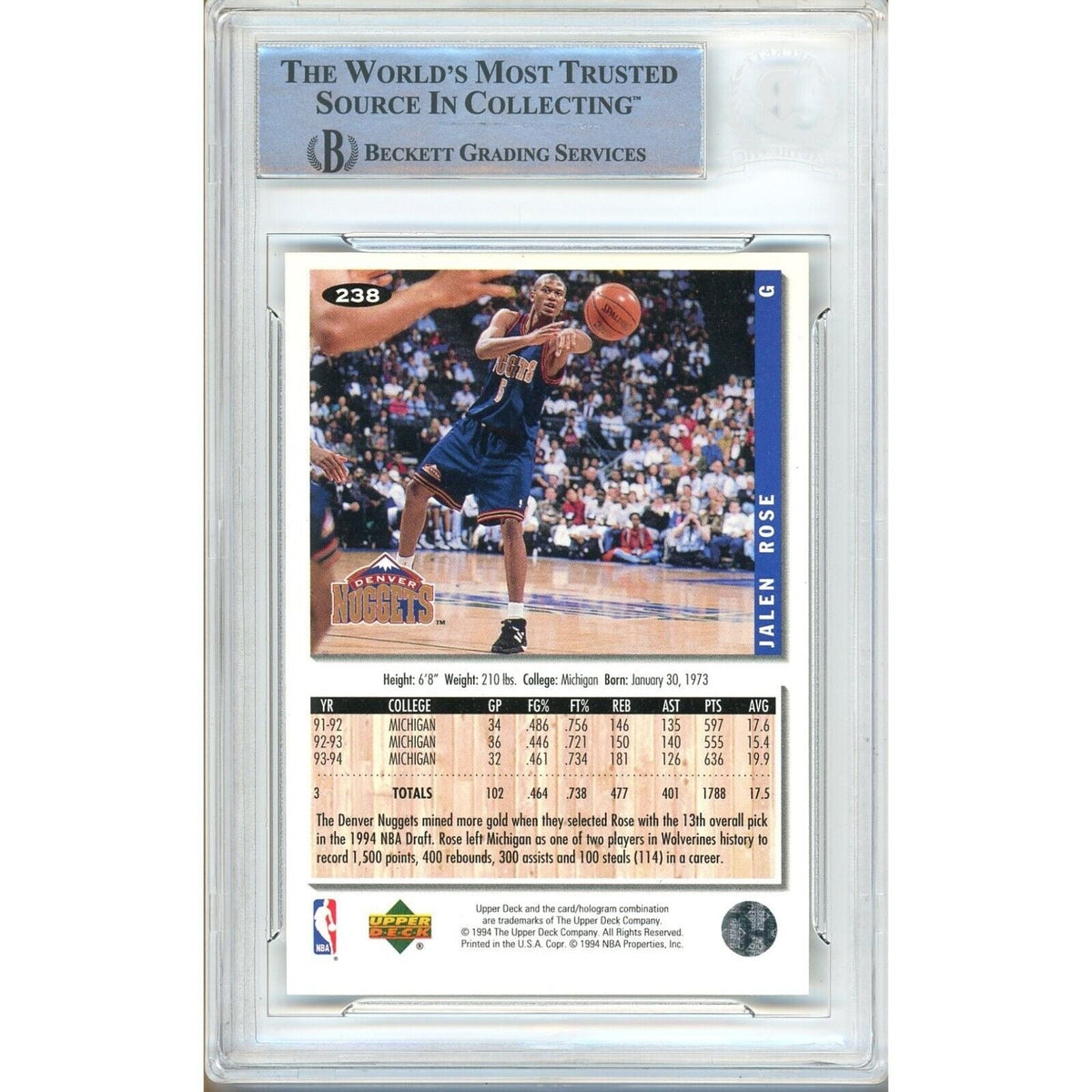 Jalen Rose Collectors Choice Signed Trading Card Beckett BAS