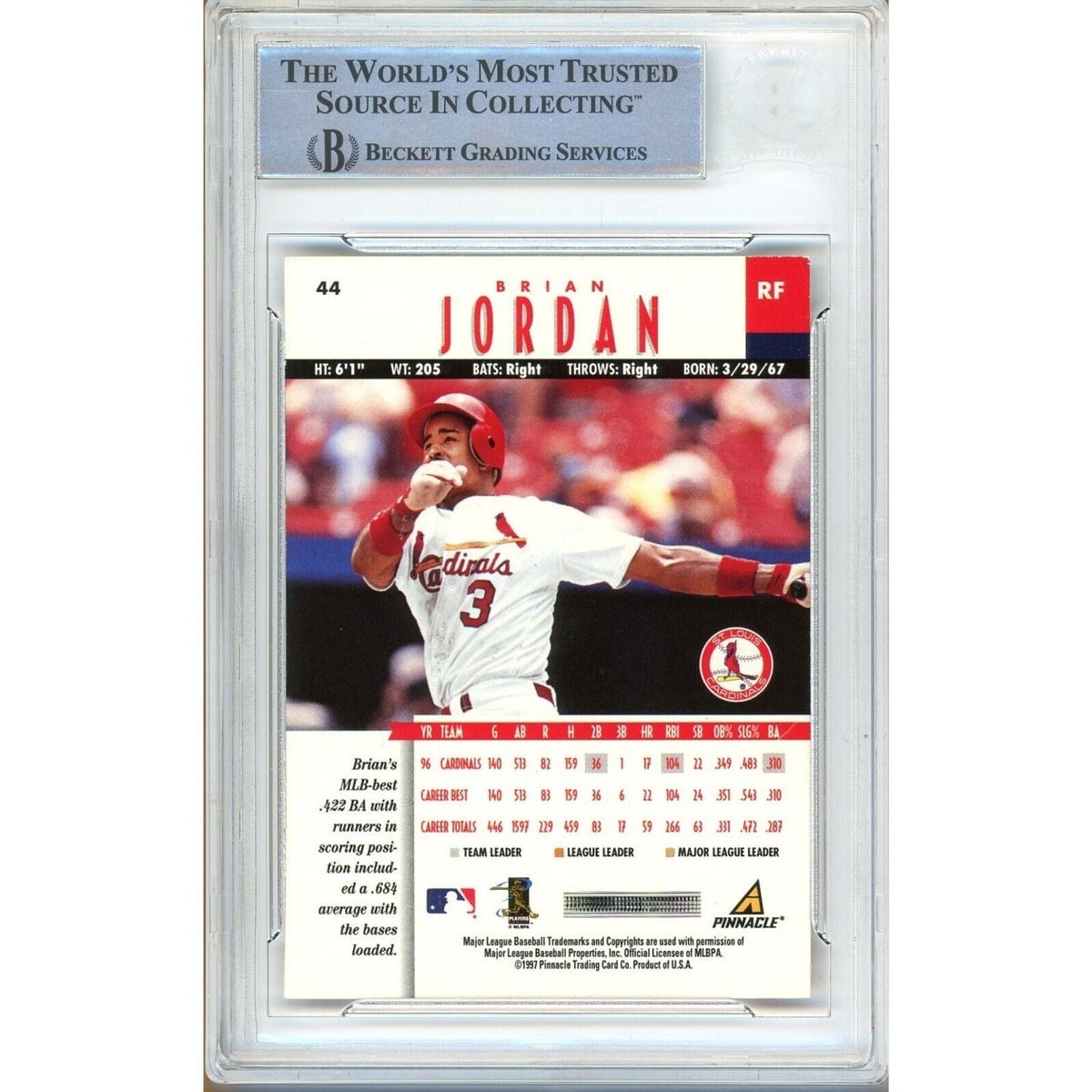 Brian Jordan St Louis Cardinals Signed Trading Card Beckett BAS