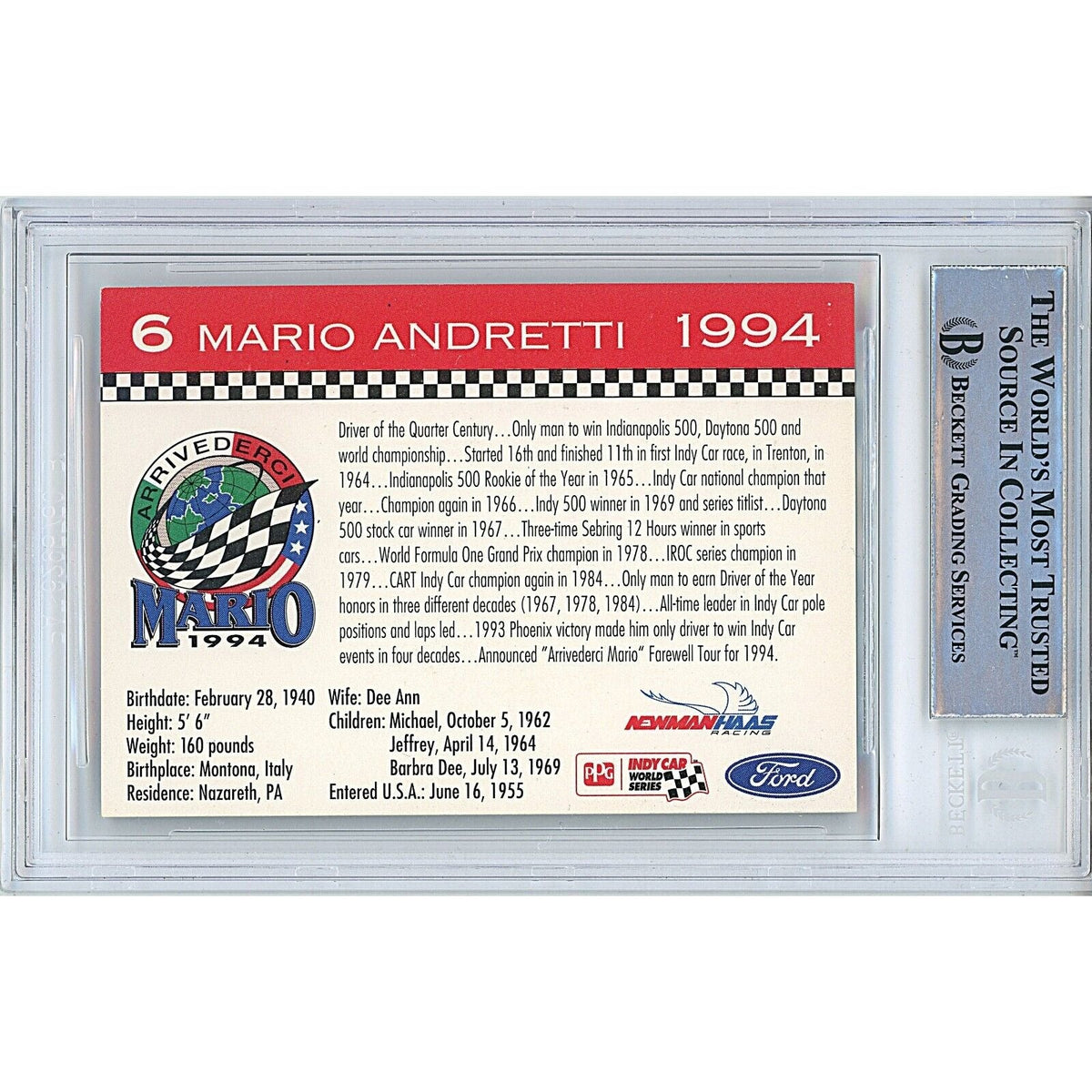 Mario Andretti Signed Trading Card Beckett BAS