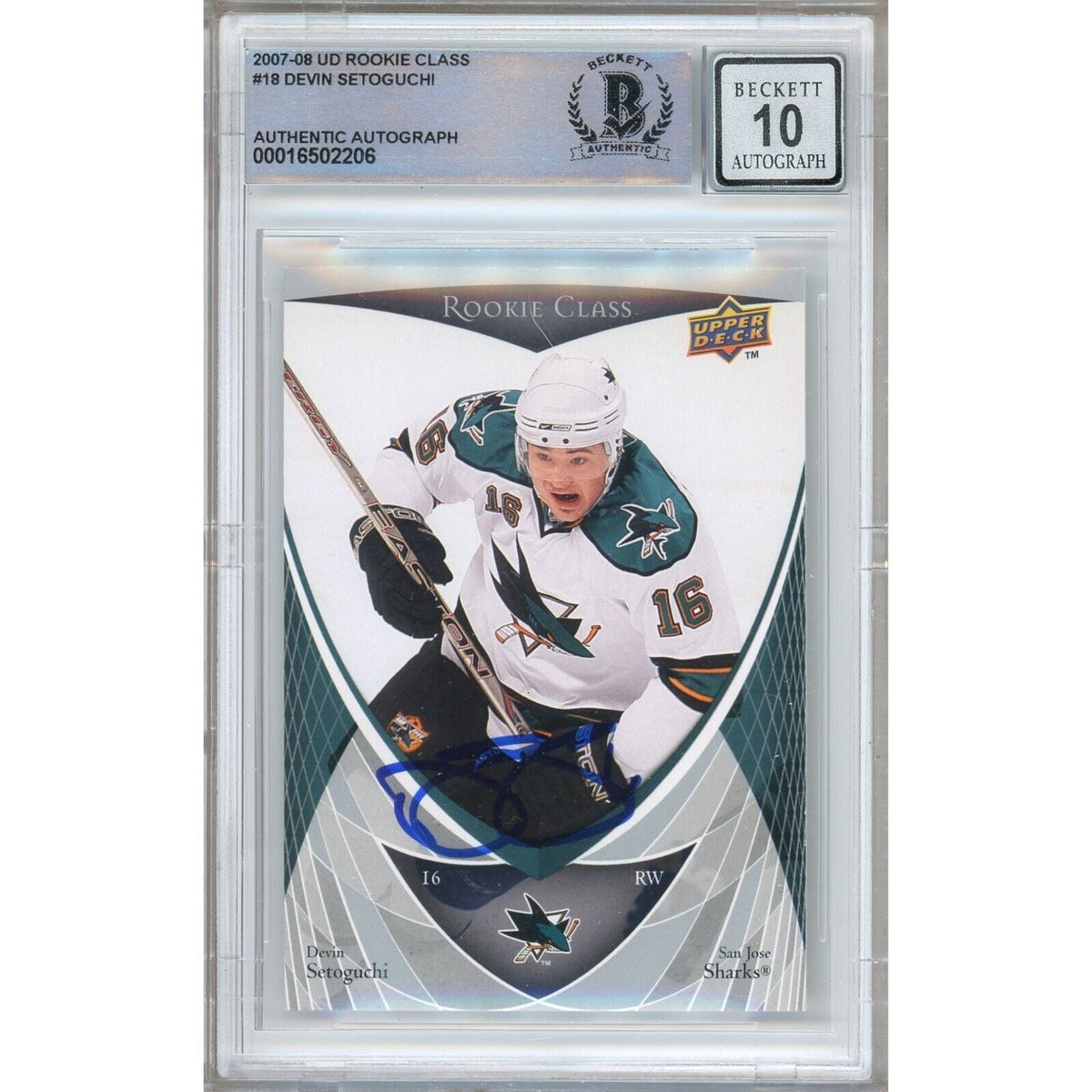Devin Setoguchi Upper Deck Rookie Class Autographed Trading Card Beckett BGS