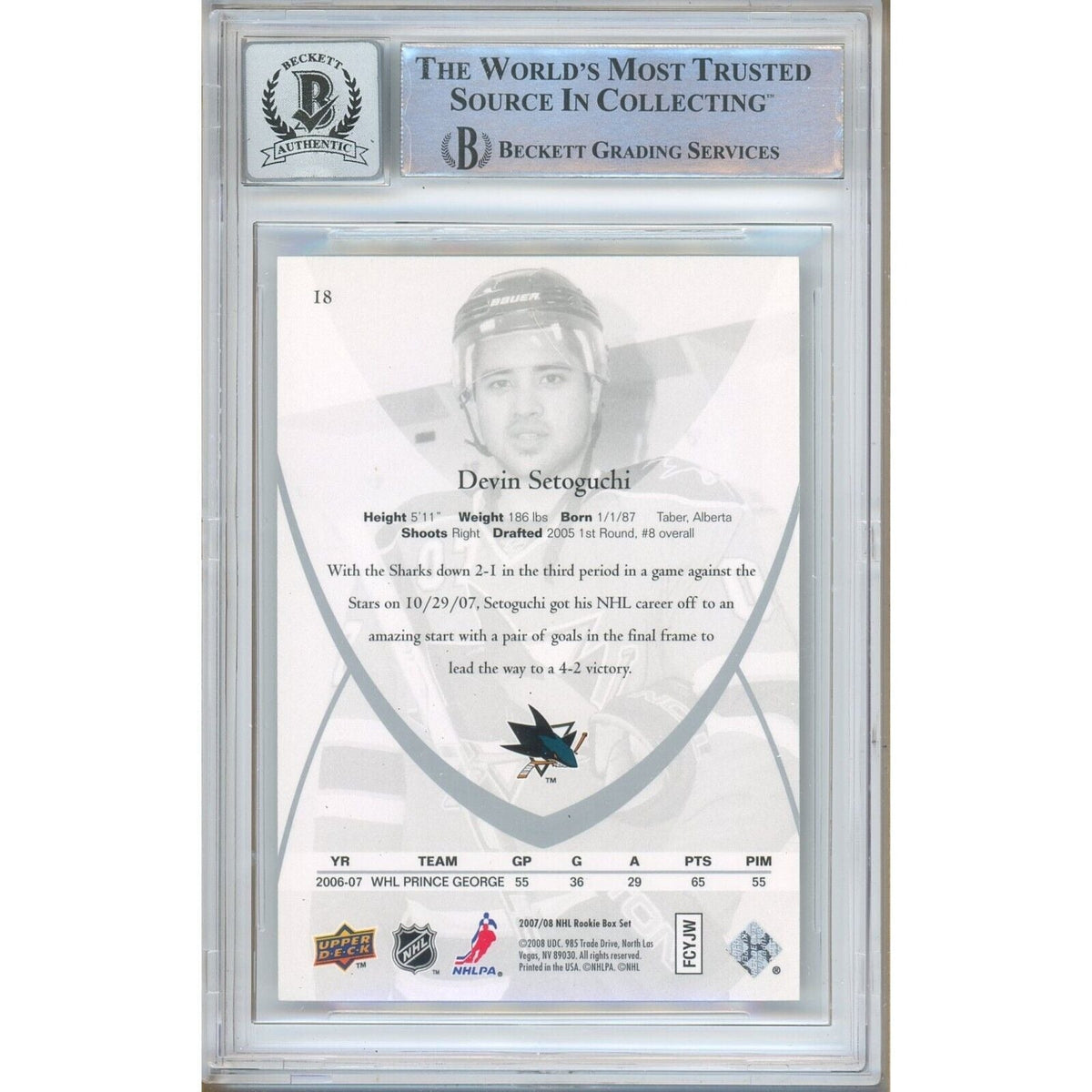 Devin Setoguchi Upper Deck Rookie Class Signed Trading Card Beckett BGS