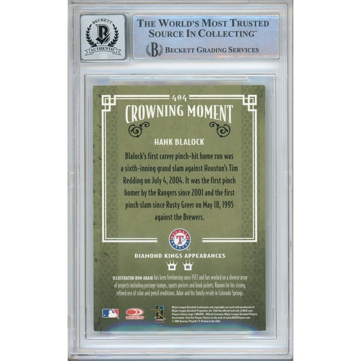 Hank Blalock Donruss Diamond Kings Signed Trading Card Beckett BGS