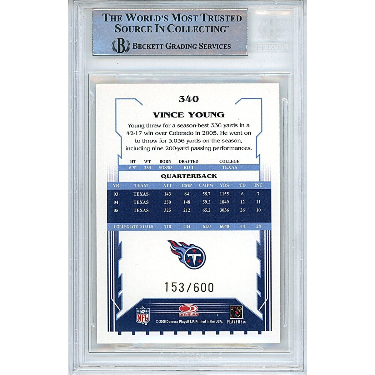 Vince Young Tennessee Titans Signed Trading Card Beckett BAS