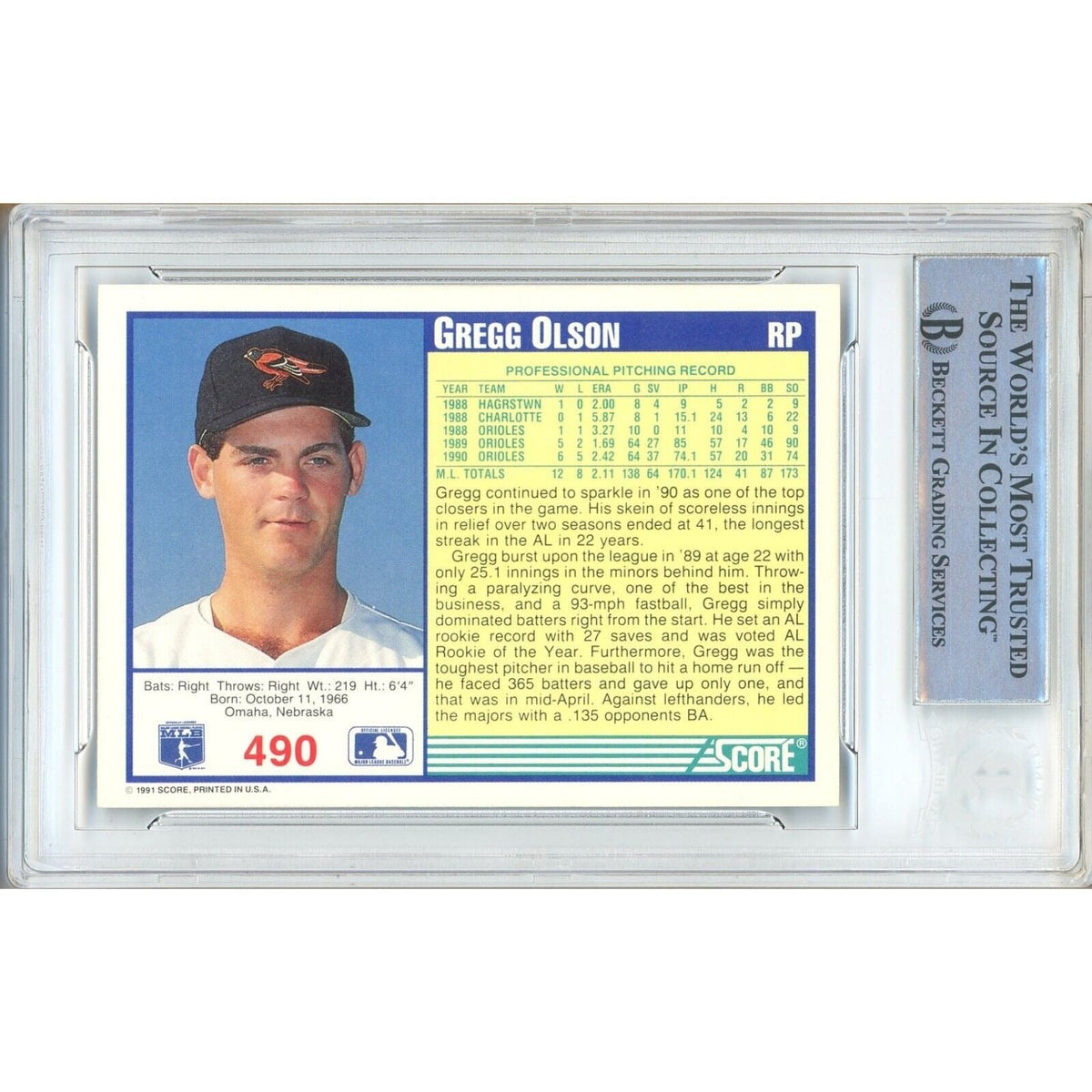 Gregg Olson Baltimore Orioles Autographed Signed Trading Card Beckett BAS