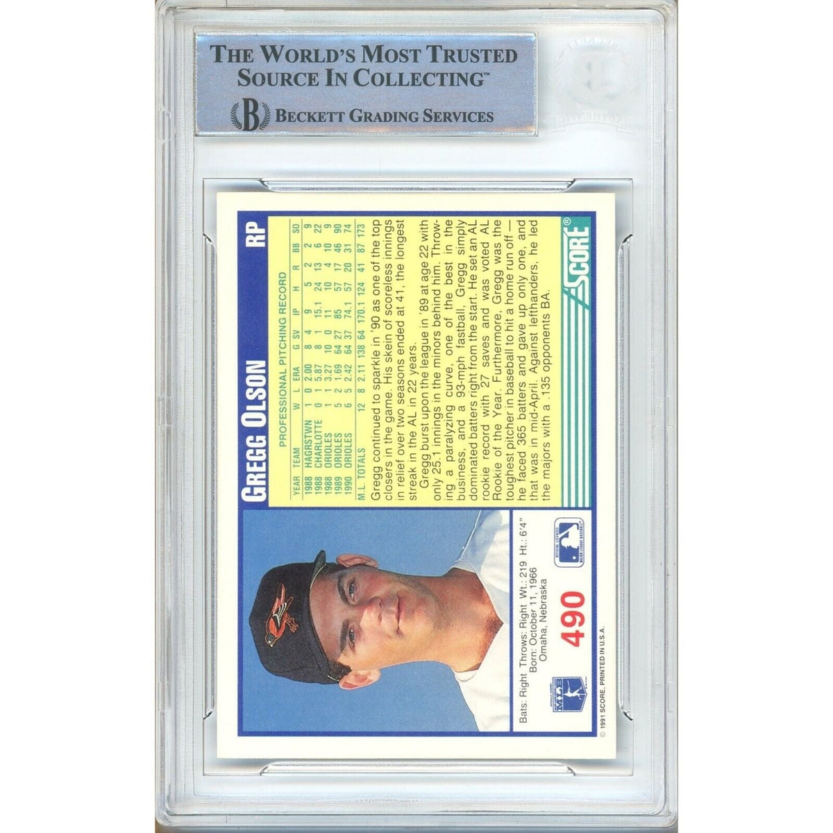 Gregg Olson Baltimore Orioles Autographed Autograph Trading Card Beckett BAS