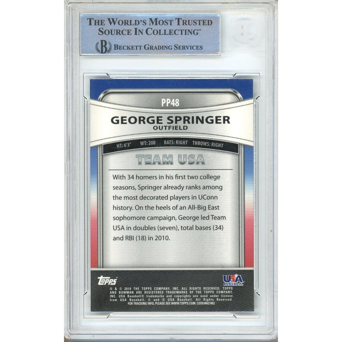 George Springer Bowman Platinum Prospects Signed Trading Card Beckett BAS