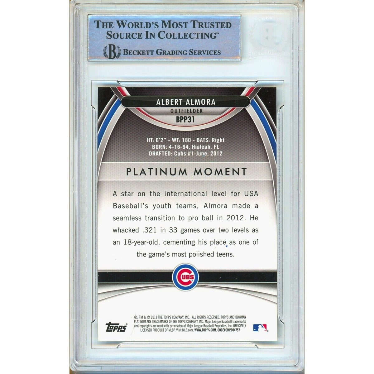 Albert Almora Bowman Platinum Prospects Signed Trading Card Beckett BAS