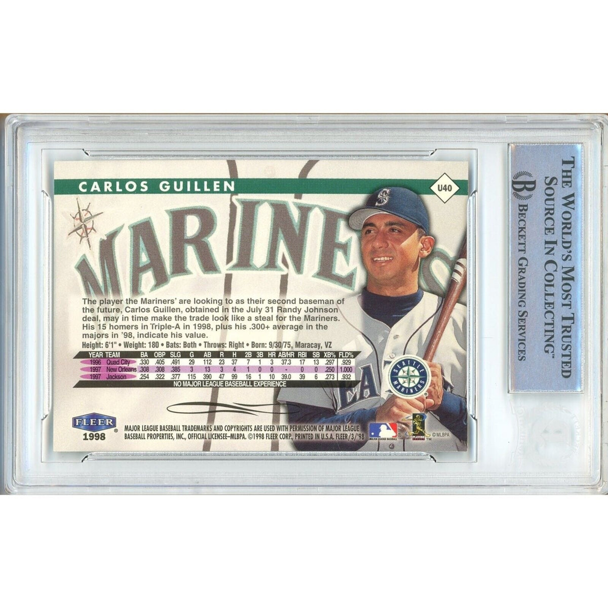 Carlos Guillen Fleer Tradition Update Signed Trading Card Beckett BAS