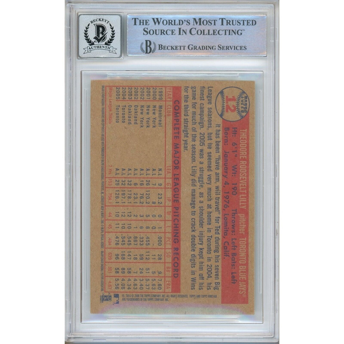 Ted Lilly Toronto Blue Jays Autograph Trading Card Beckett BGS