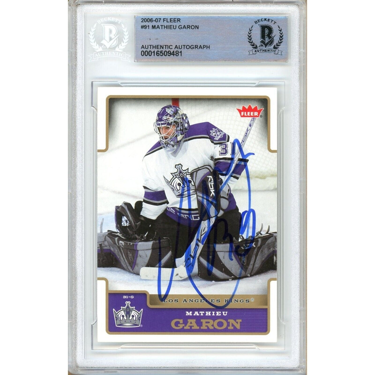 Mathieu Garon Los Angeles Kings Autographed Trading Card Beckett BAS