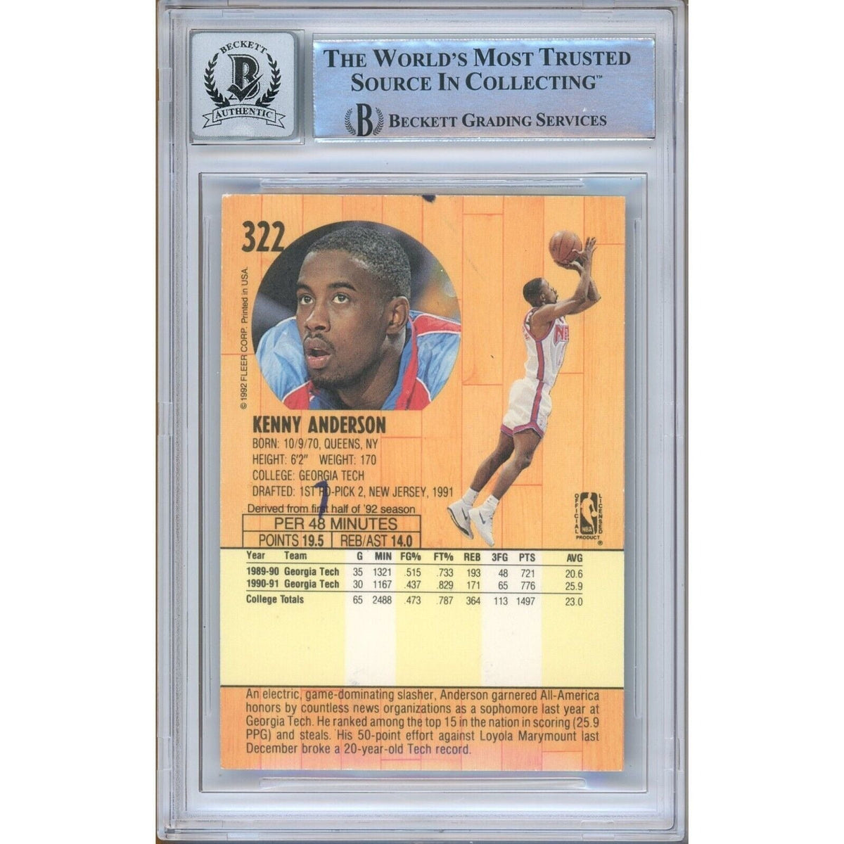 Kenny Anderson New Jersey Nets Signed Trading Card Beckett BAS