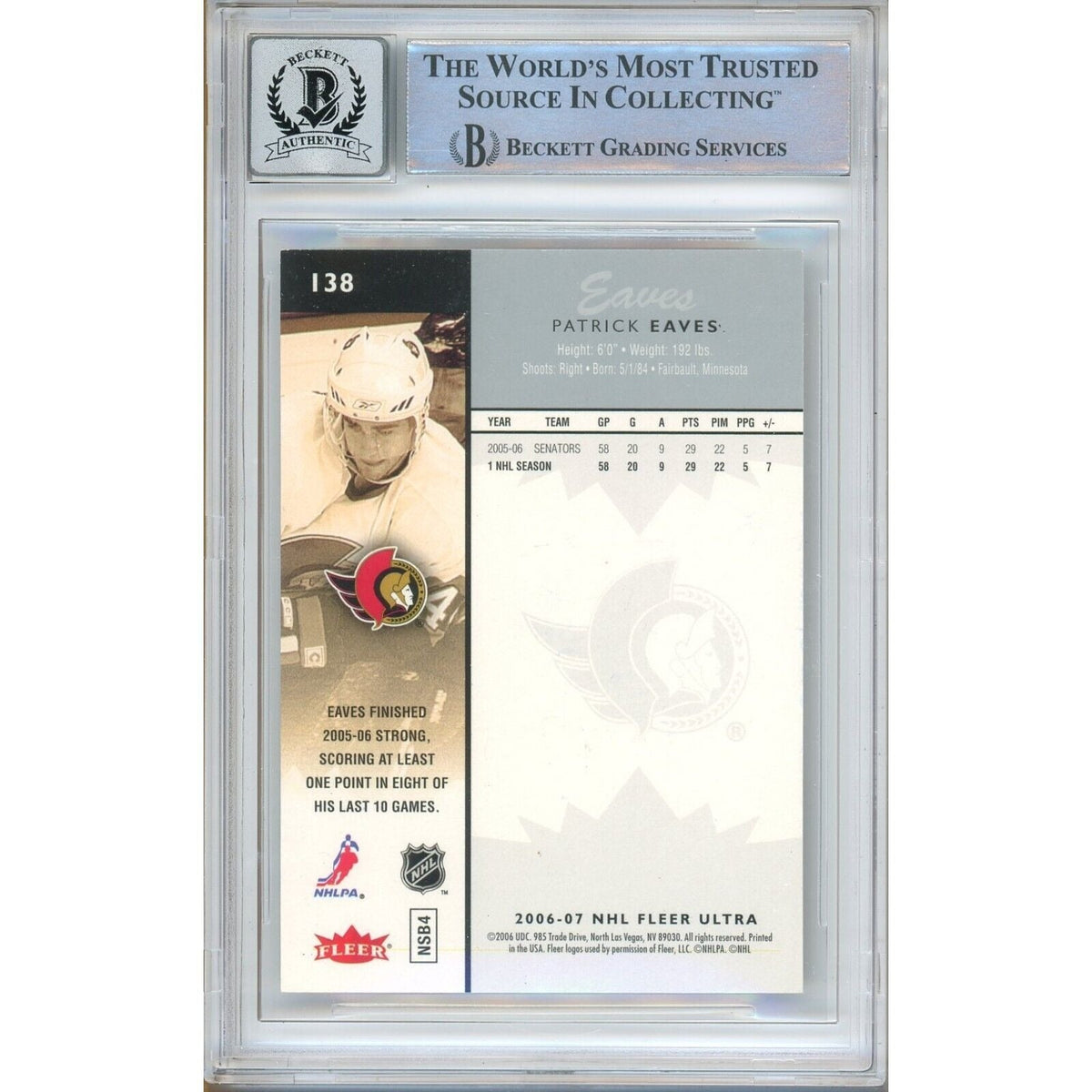 Patrick Eaves Ottawa Senators Signed Autograph Trading Card Beckett BGS