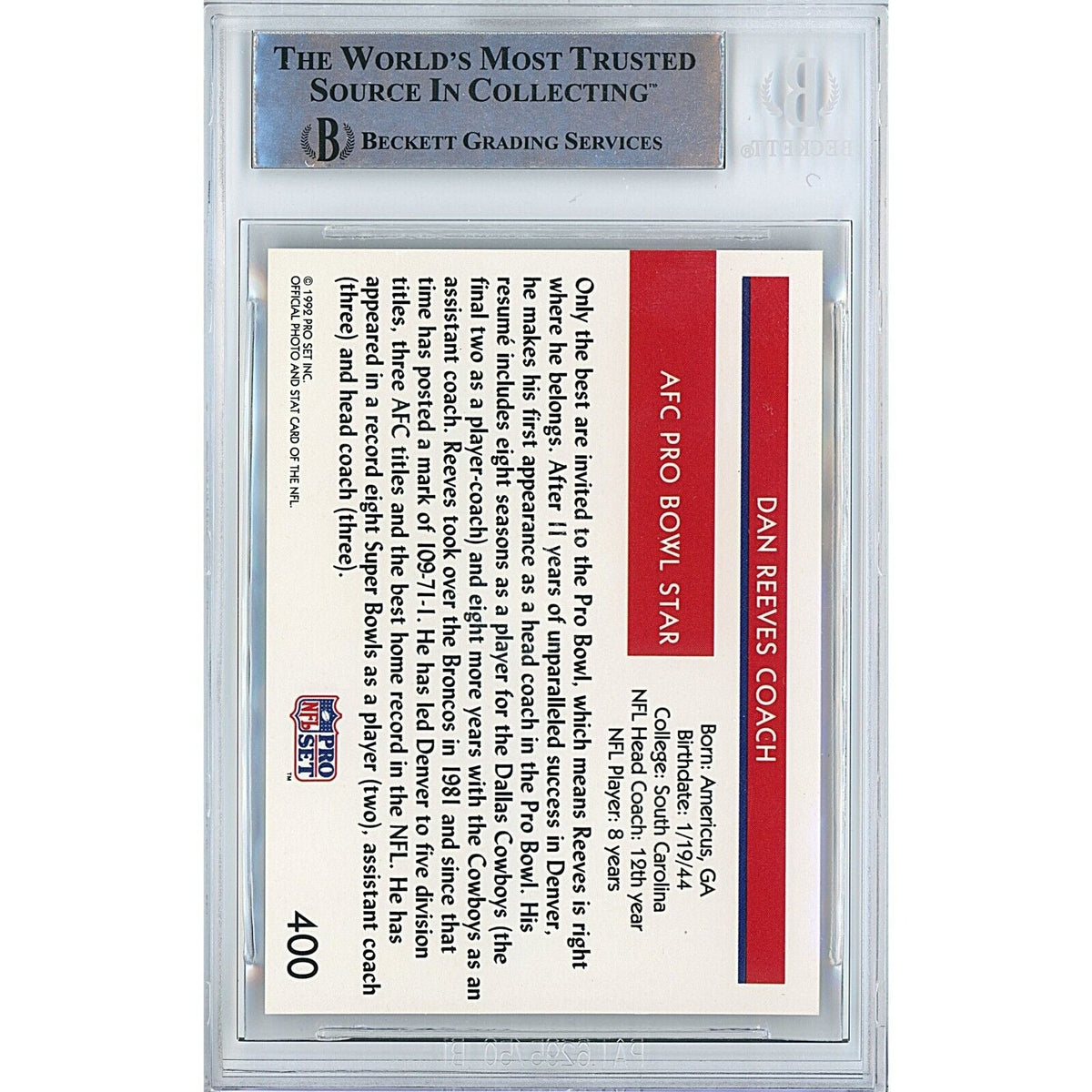 Dan Reeves Pro Set Autograph Trading Card Beckett BAS