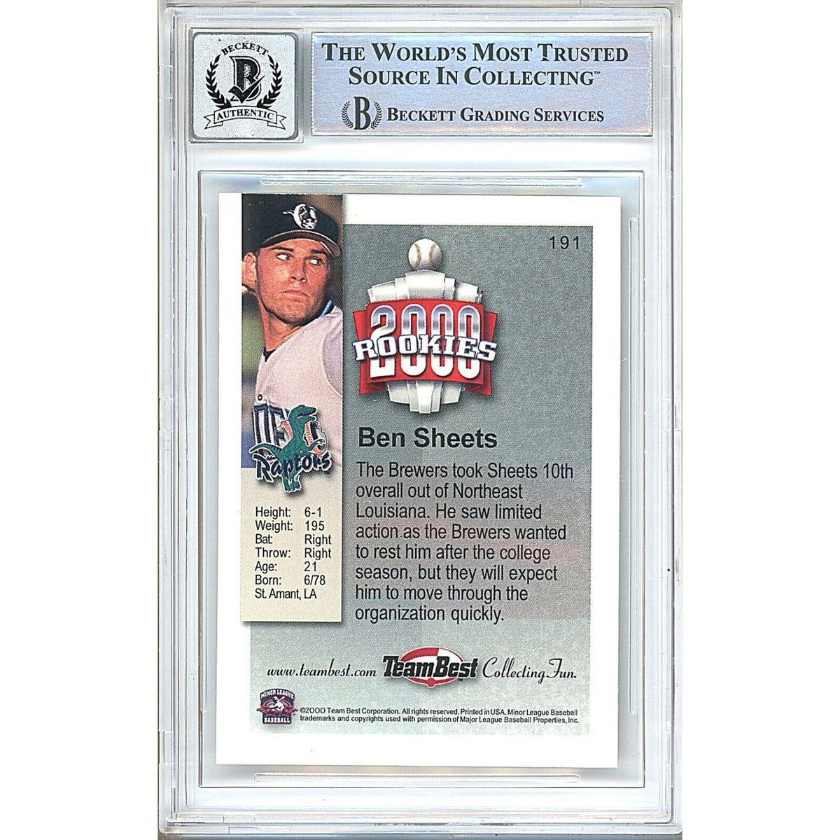 Ben Sheets Team Best Signed Trading Card Beckett BGS