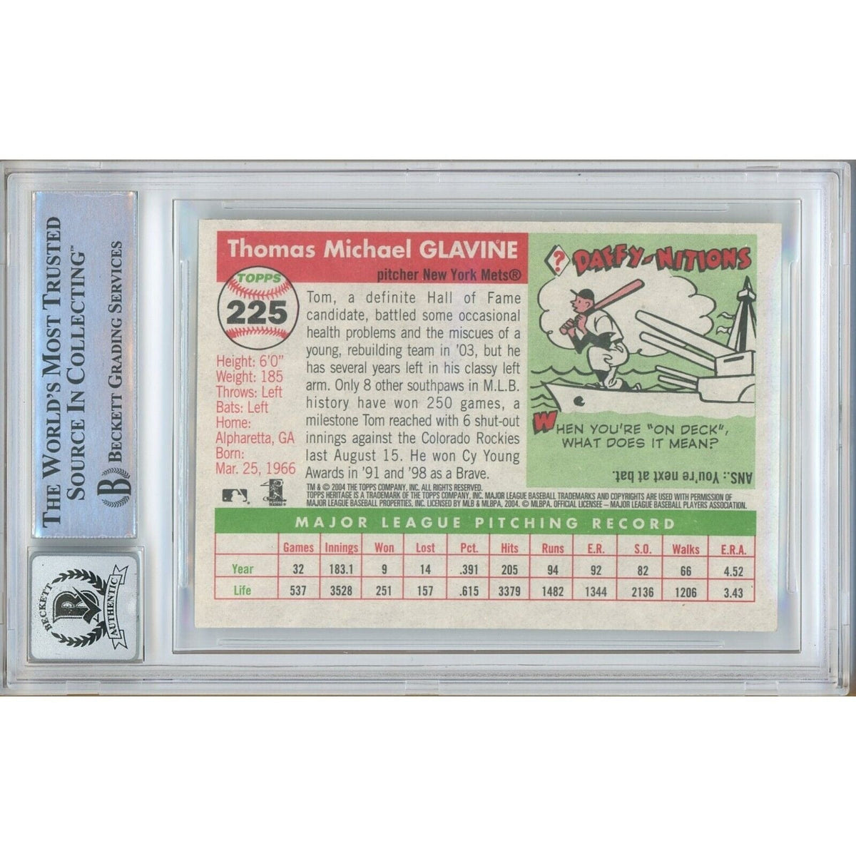 Tom Glavine New York Mets Autograph Trading Card Beckett BGS