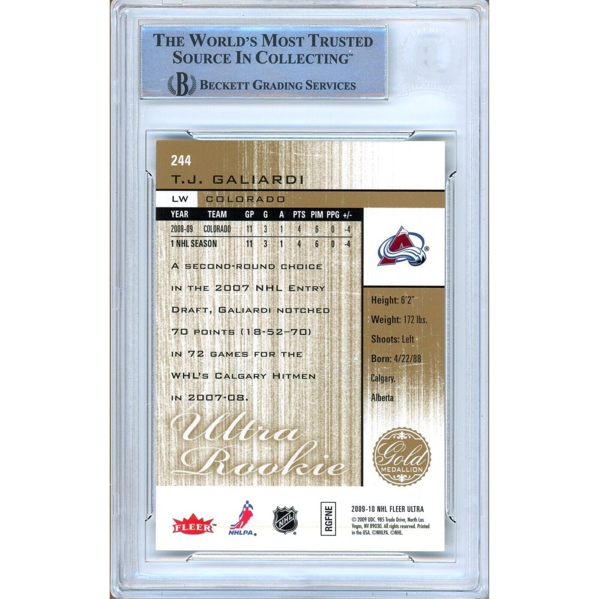 Tj Galiardi Colorado Avalanche Signed Trading Card Beckett BAS