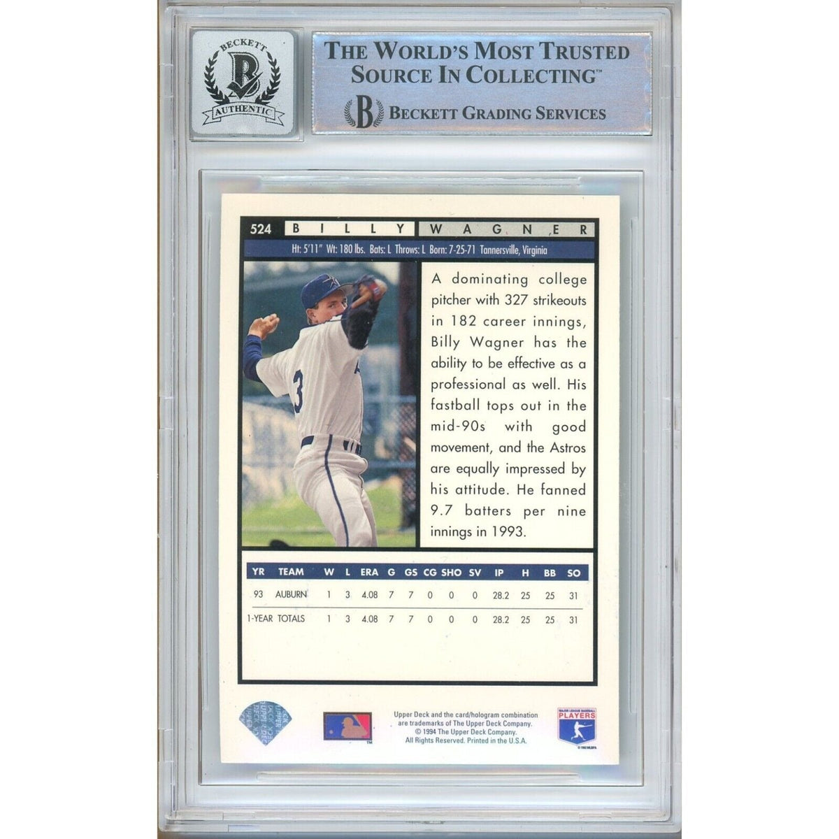Billy Wagner Upper Deck Electric Diamond Signed Trading Card Beckett BGS
