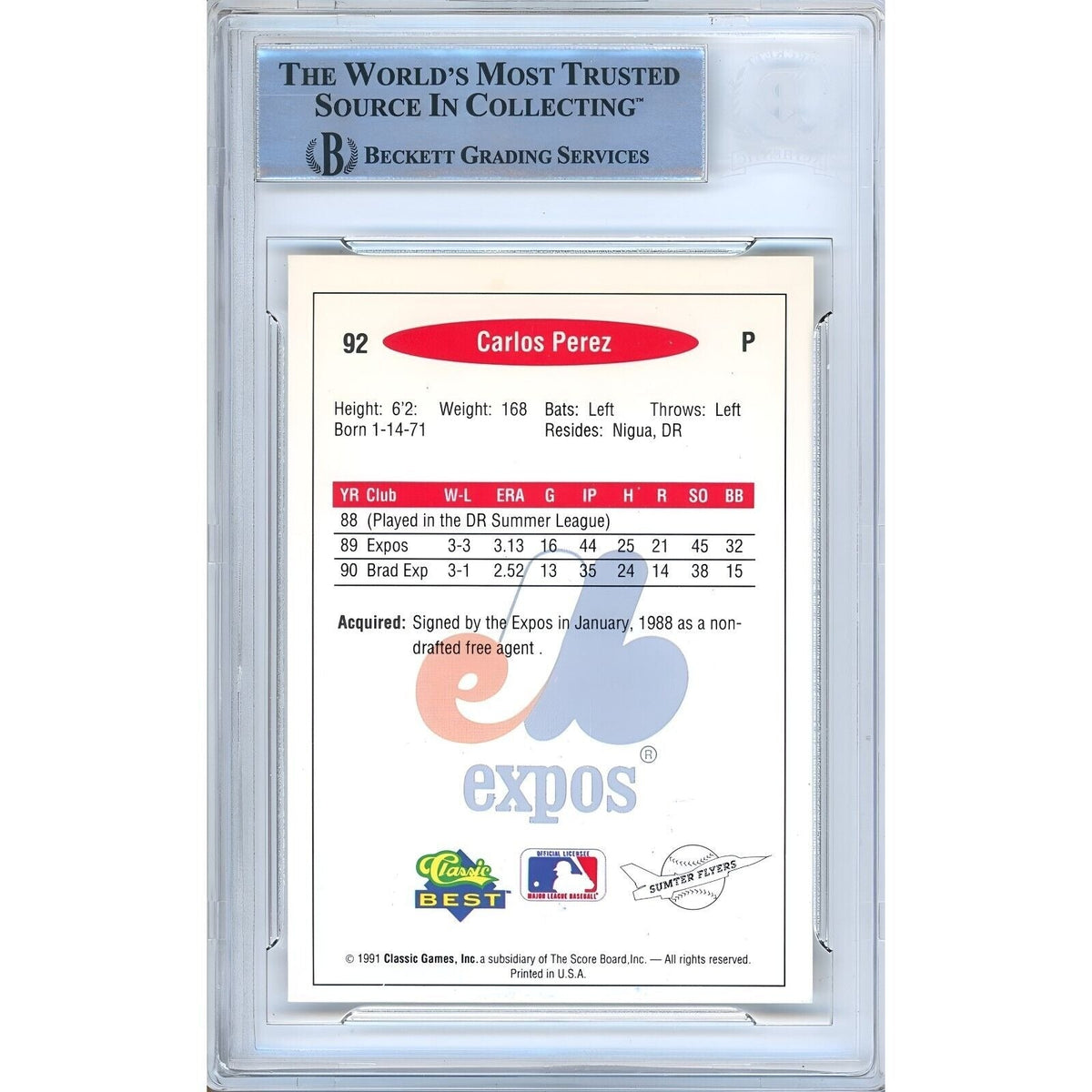 Carlos Perez Classic Best Signed Trading Card Beckett BAS