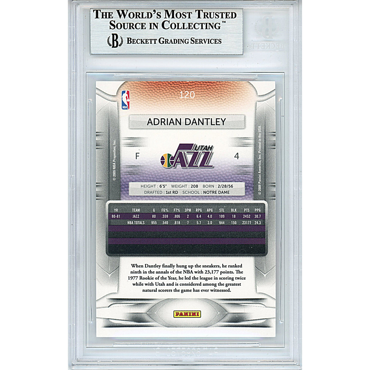 Adrian Dantley Panini Prestige Signed Trading Card Beckett BGS