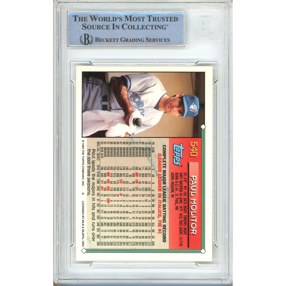Paul Molitor Toronto Blue Jays Autograph Trading Card Beckett BAS