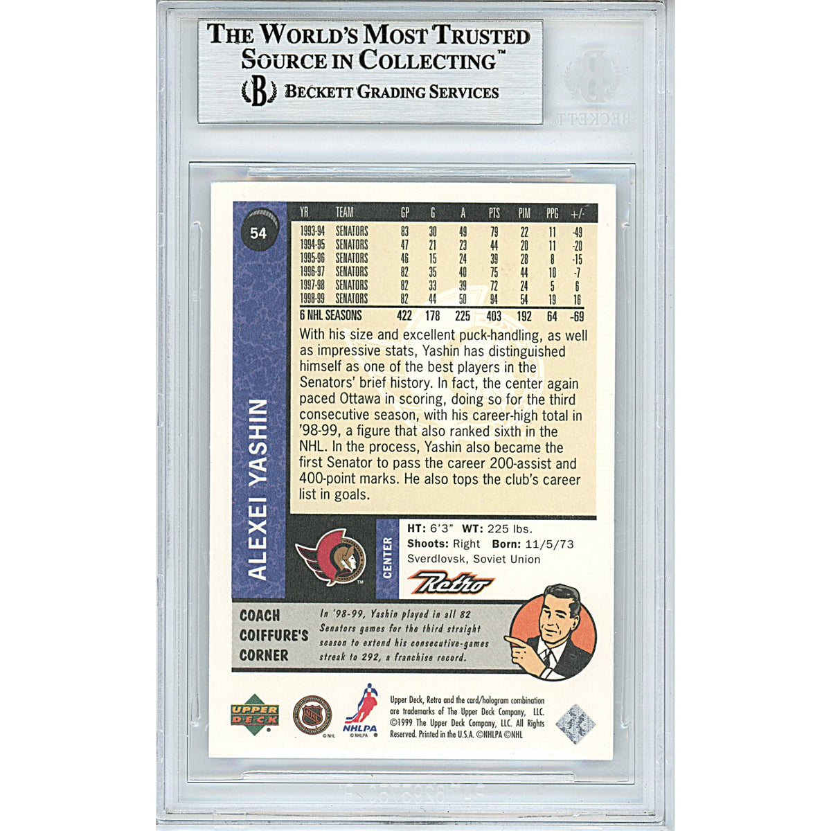 Alexei Yashin Upper Deck Retro Signed Trading Card Beckett BGS