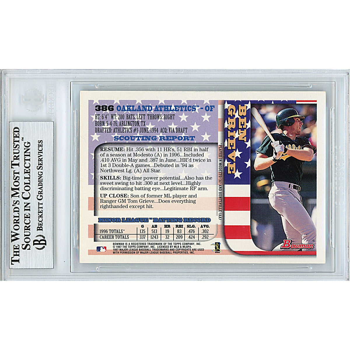 Ben Grieve Oakland Athletics Autographed Signed Trading Card Beckett BGS