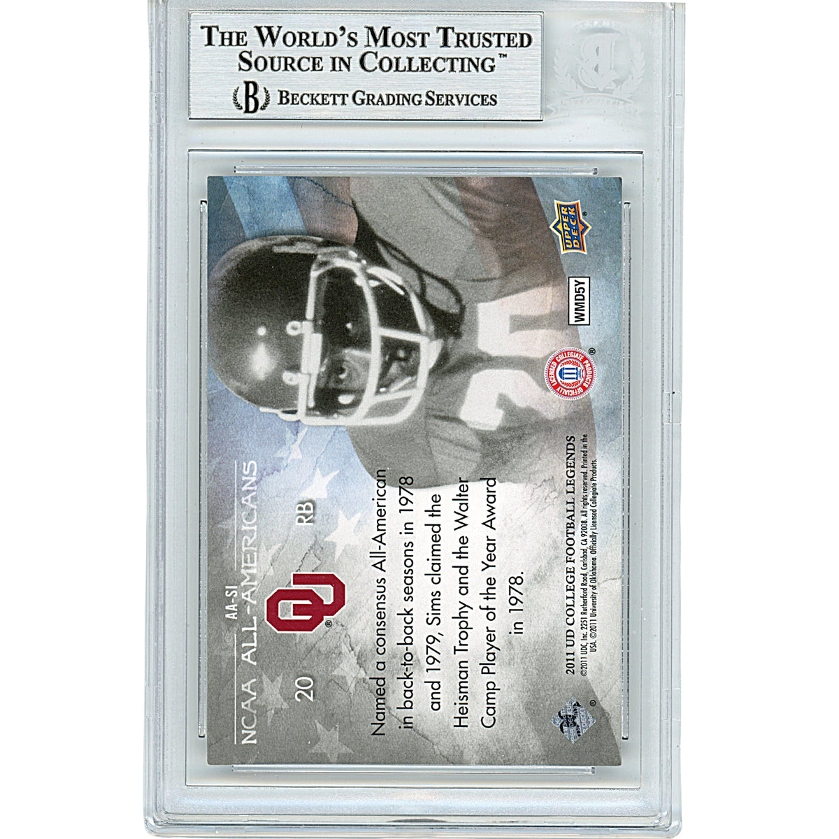 Billy Sims Upper Deck College Legends Autograph Trading Card Beckett BGS
