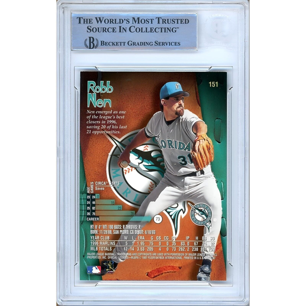 Robb Nen Florida Marlins Signed Trading Card Beckett BAS