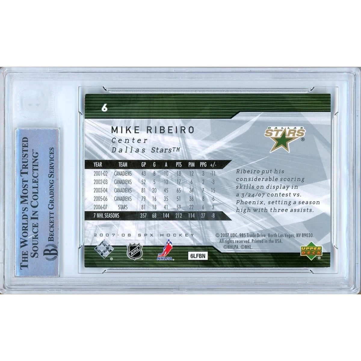 Mike Ribeiro Dallas Stars Signed Autograph Trading Card Beckett BAS