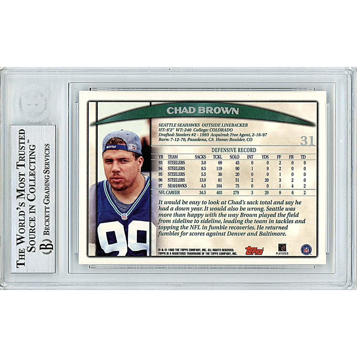 Chad Brown Topps Season Opener Signed Trading Card Beckett BGS