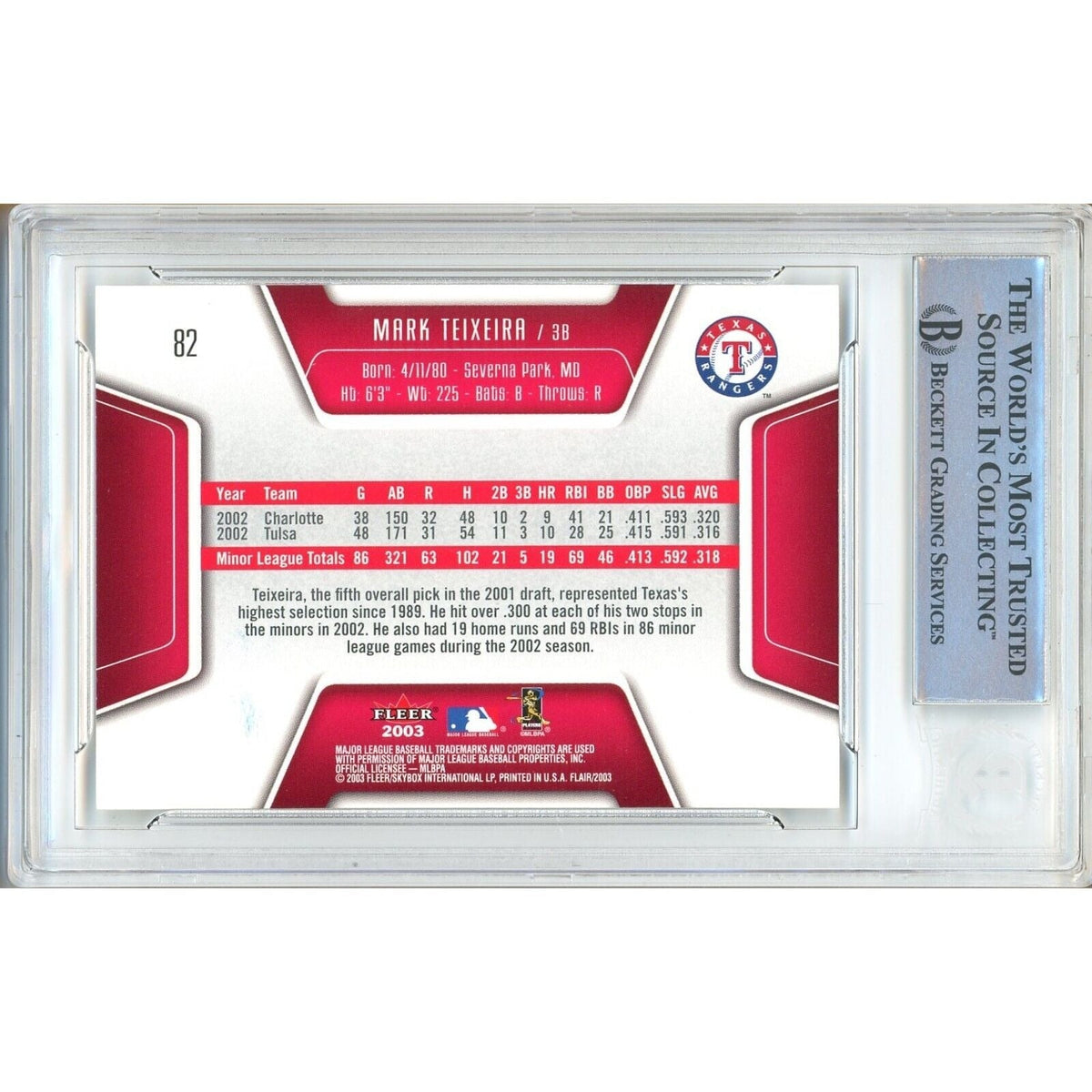 Mark Teixeira Texas Rangers Signed Trading Card Beckett BAS