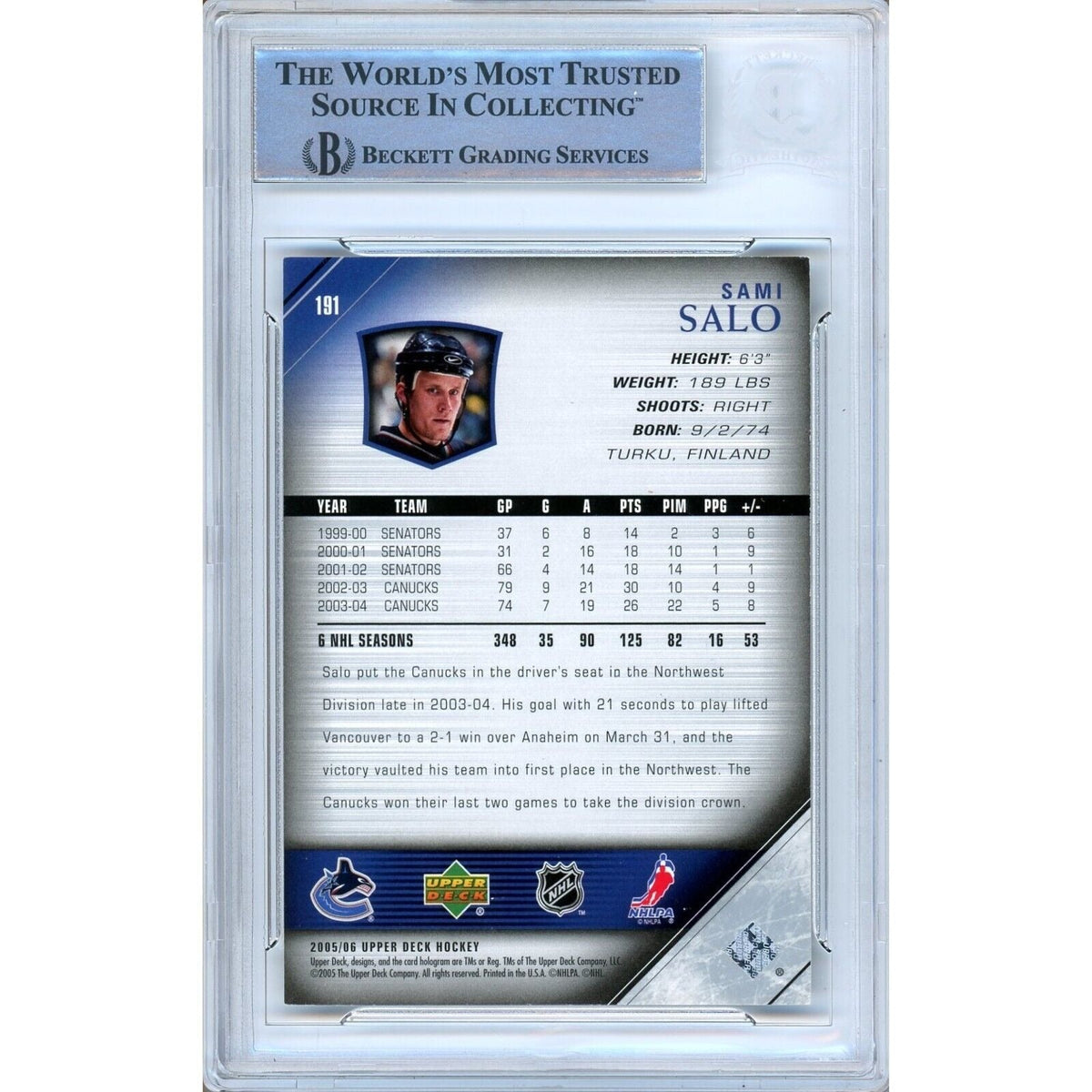Sami Salo Vancouver Canucks Signed Autograph Trading Card Beckett BAS