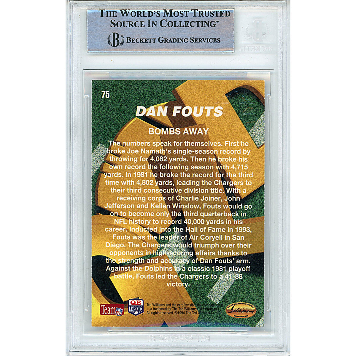 Dan Fouts Ted Williams Co Signed Trading Card Beckett BGS