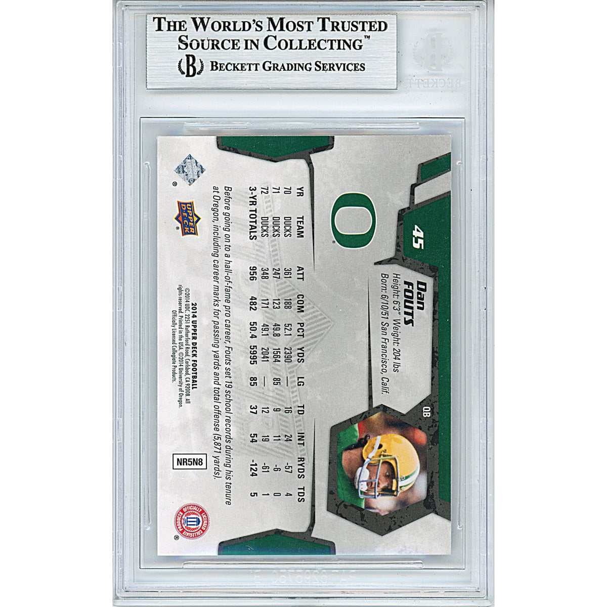 Dan Fouts Upper Deck Auto Trading Card Beckett BGS