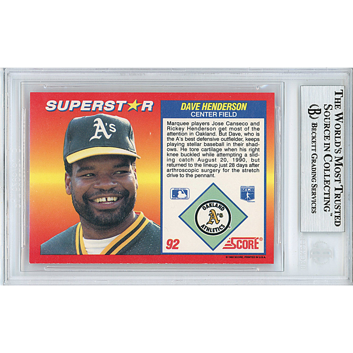 Dave Henderson Oakland Athletics Autographed Signed Trading Card Beckett BGS