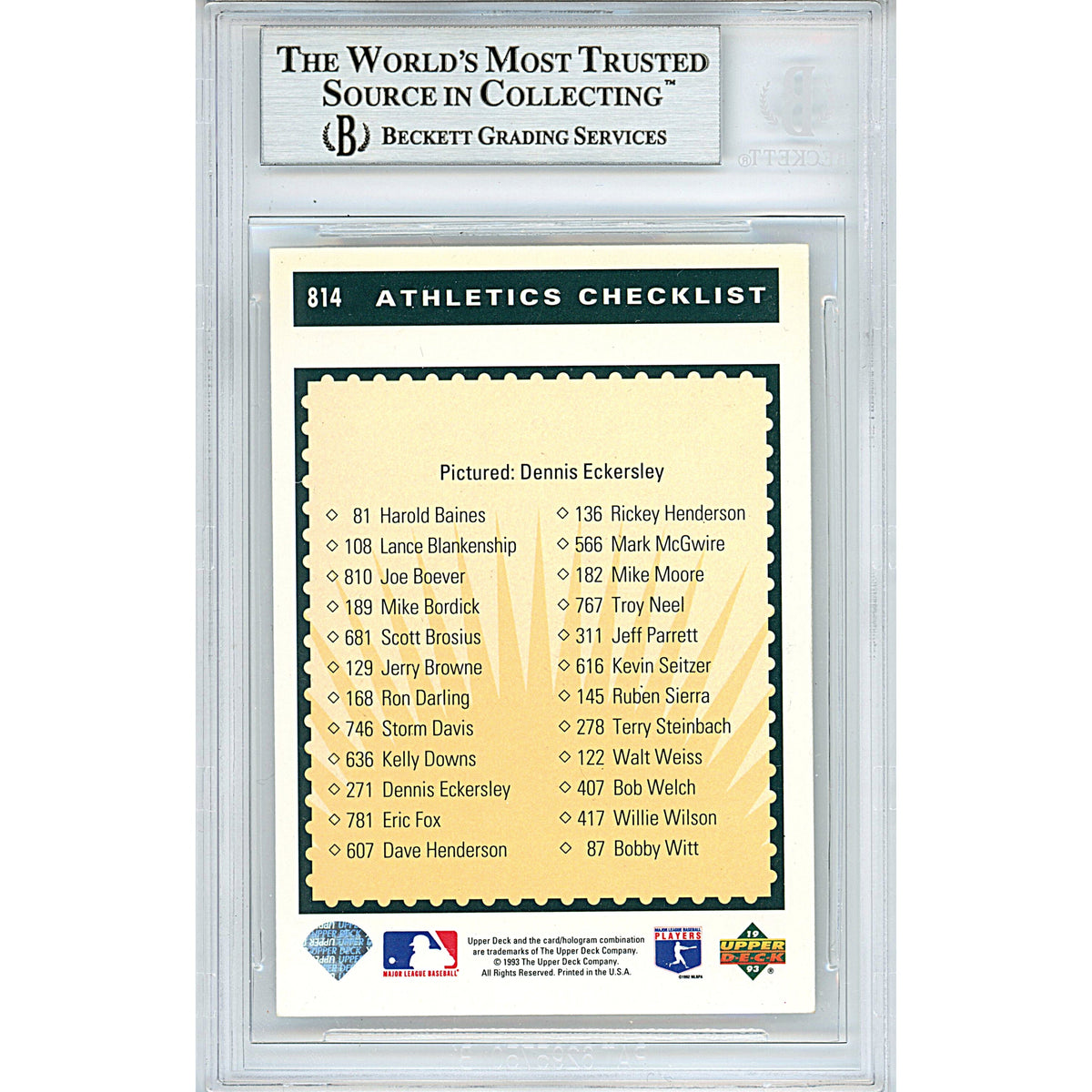 Dennis Eckersley Upper Deck Autograph Trading Card Beckett BGS