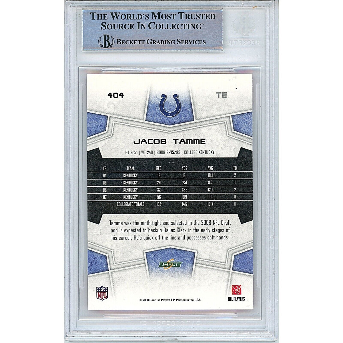 Jacob Tamme Indianapolis Colts Autographed Signed Trading Card Beckett BAS