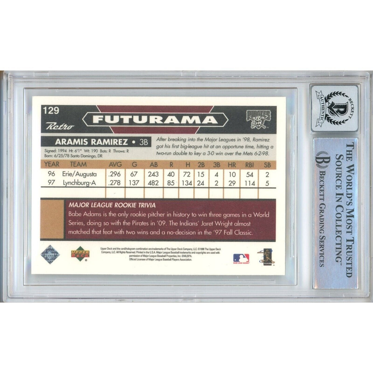 Aramis Ramirez Upper Deck Retro Signed Trading Card Beckett BAS
