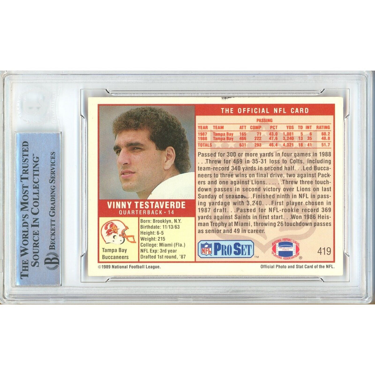 Vinny Testaverde Tampa Bay Buccaneers Signed Trading Card Beckett BAS
