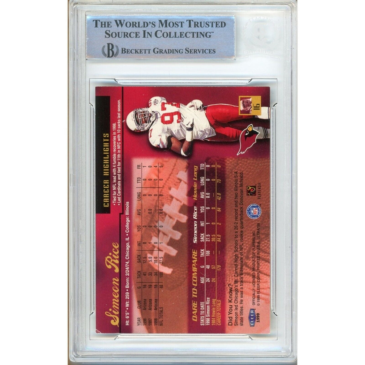Simeon Rice Arizona Cardinals Signed Autograph Trading Card Beckett BAS
