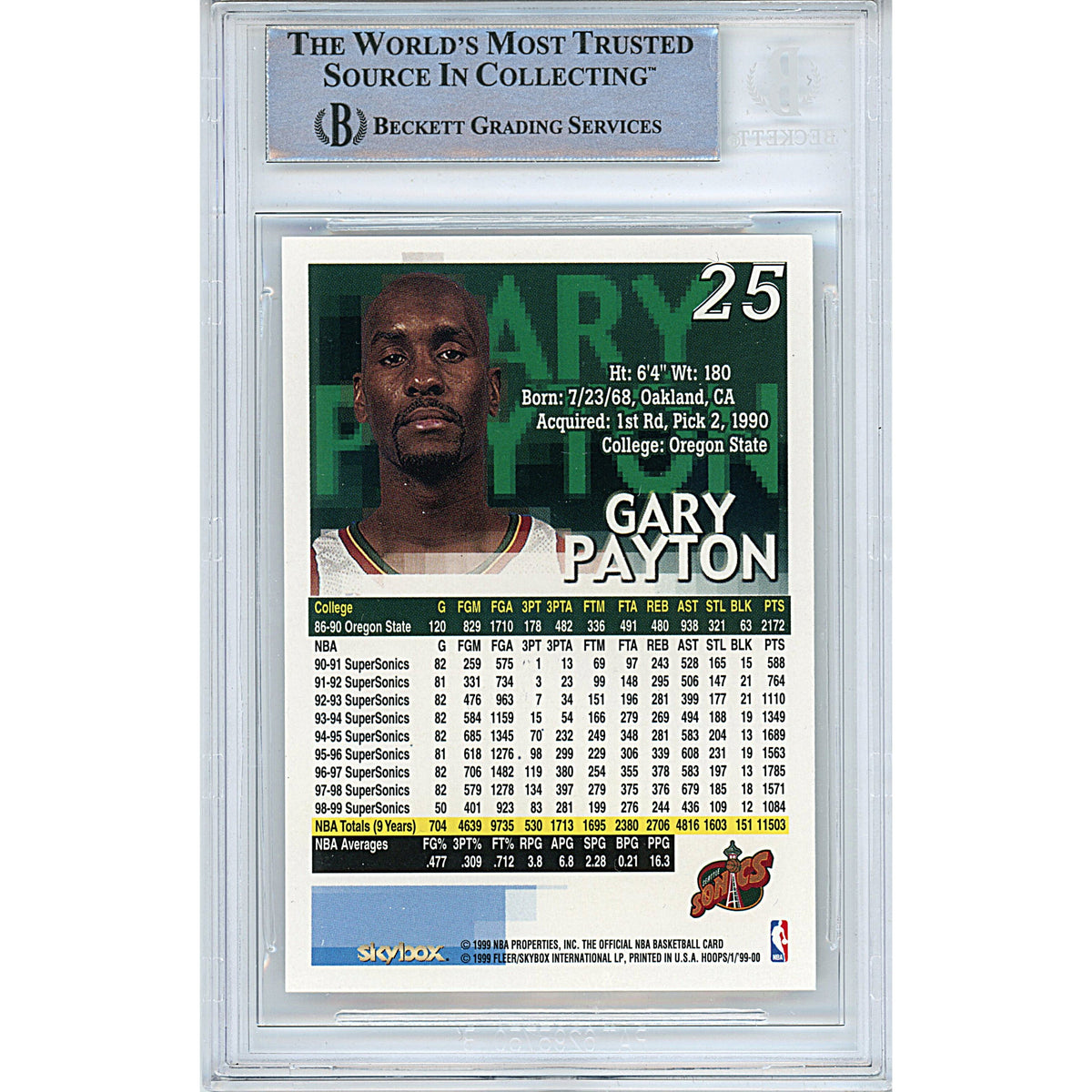 Gary Payton Seattle Supersonics Autographed Signed Trading Card Beckett BGS
